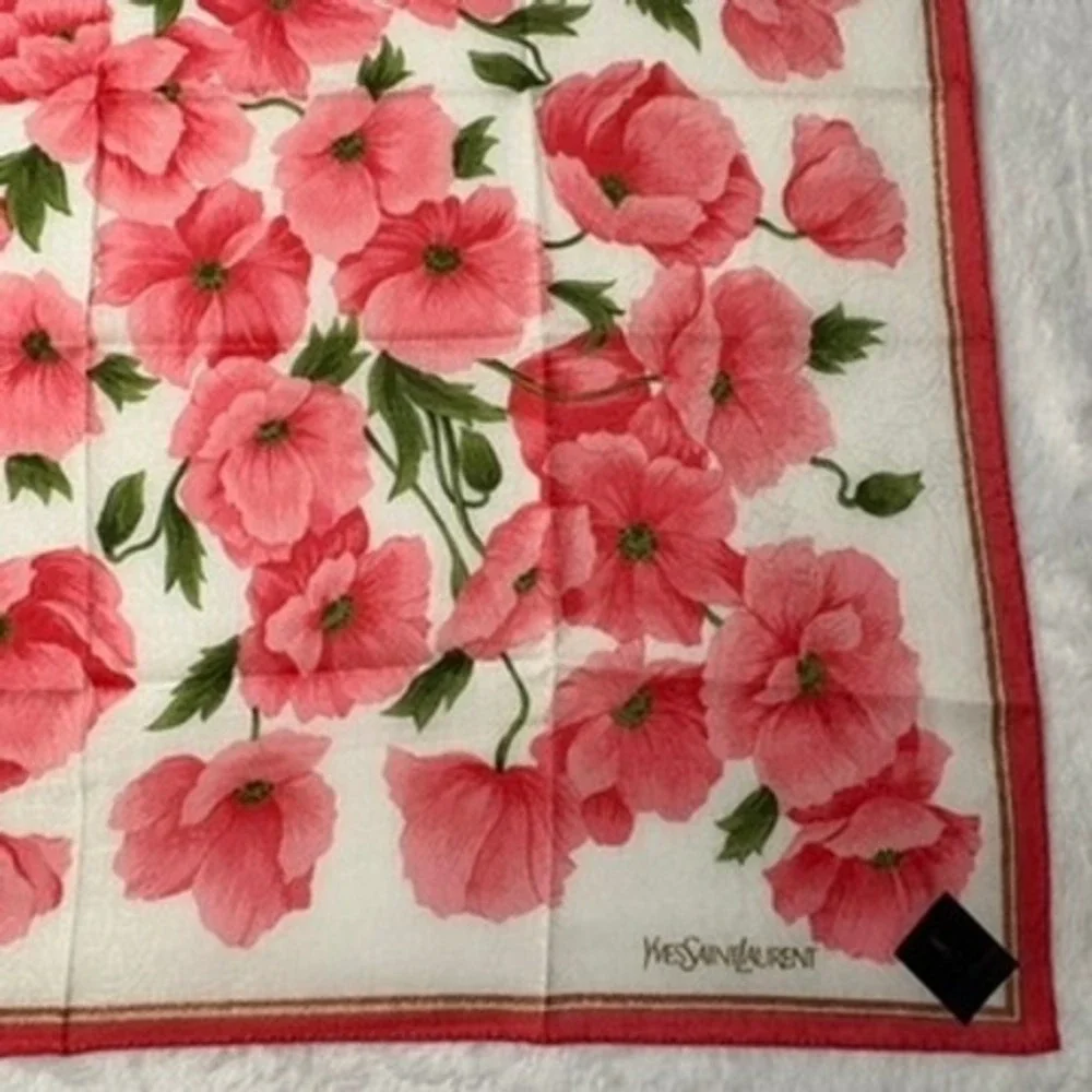 Vtg YVES SAINT LAURENT Scarf Handkerchief Poppy Floral Cotton Pink White 18.5